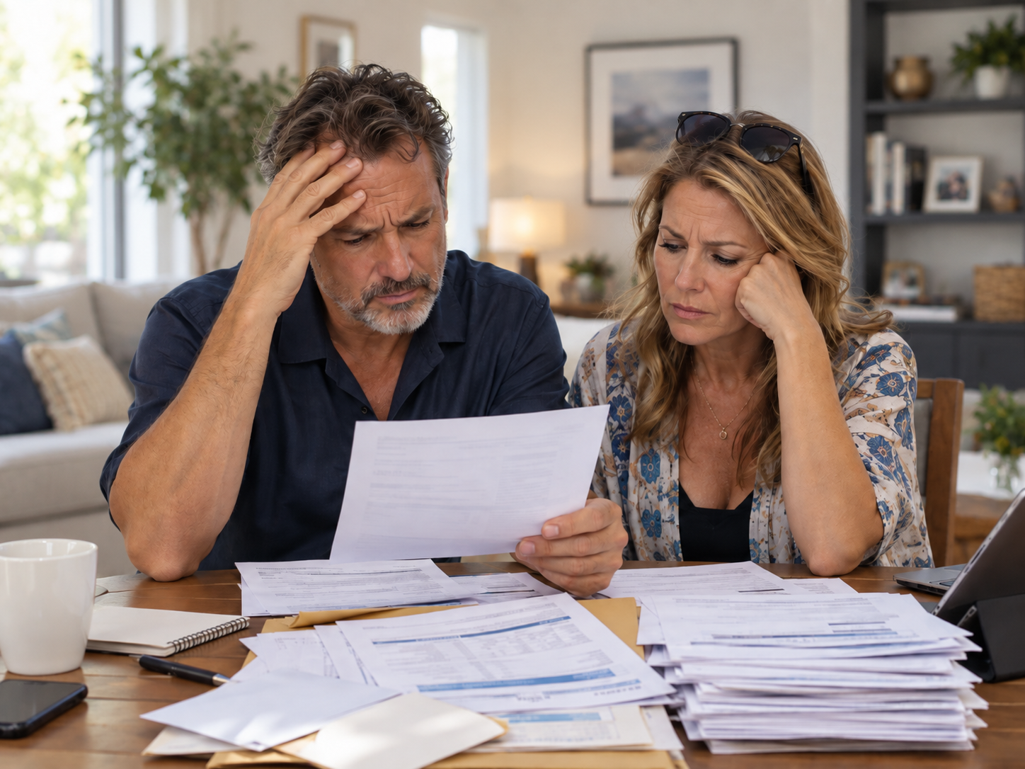 Couple at home reviewing stressful household and ownership bills